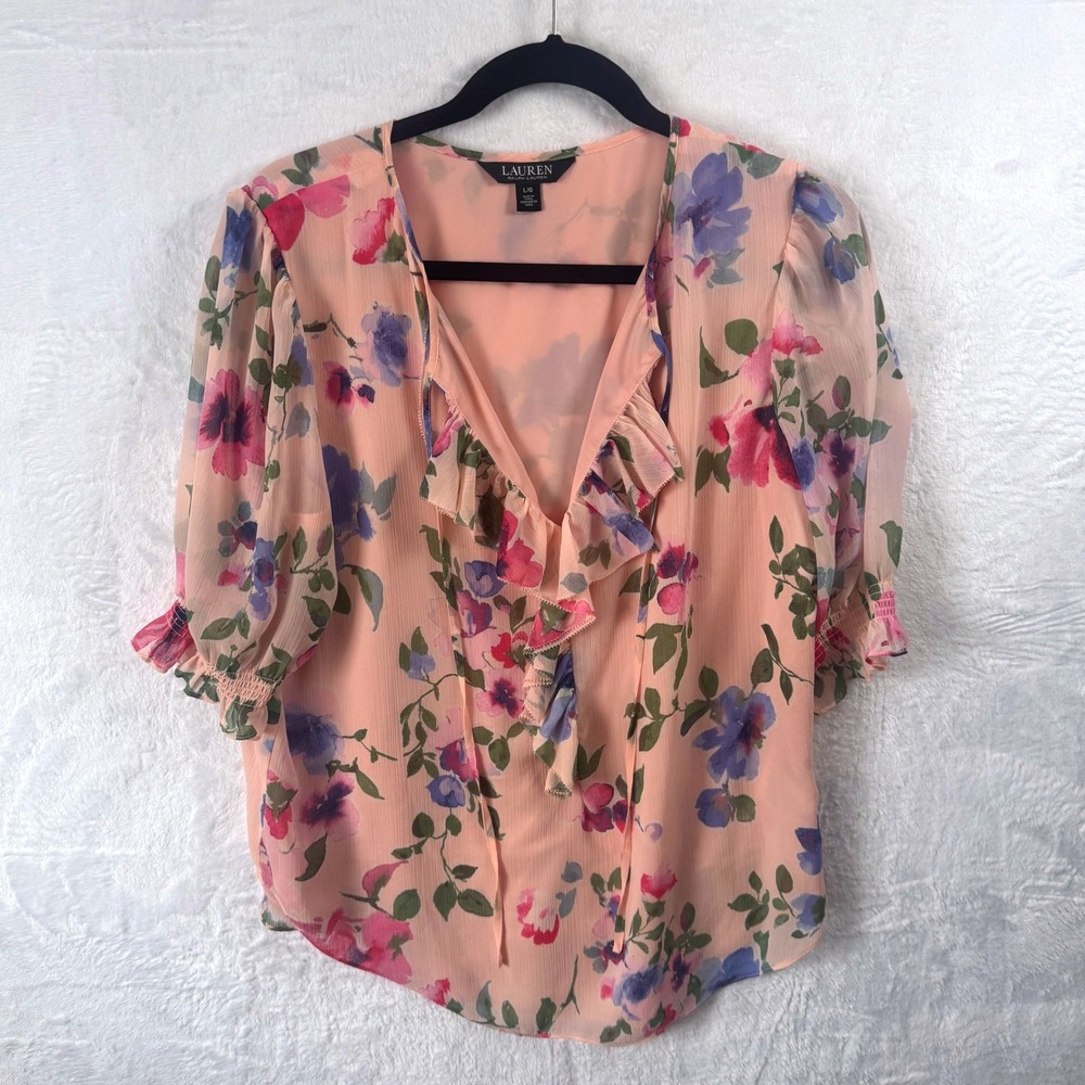 Lauren Ralph Lauren Floral Georgette Ruffle V-Neck Blouse Puff Sleeve Top Large‎